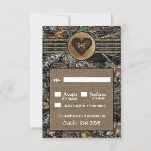 Burlap + gesneden hart Camo bruiloft RSVP Kaarten Kaartje