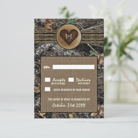 Burlap + gesneden hart Camo bruiloft RSVP Kaarten Kaartje (Staand voorkant)