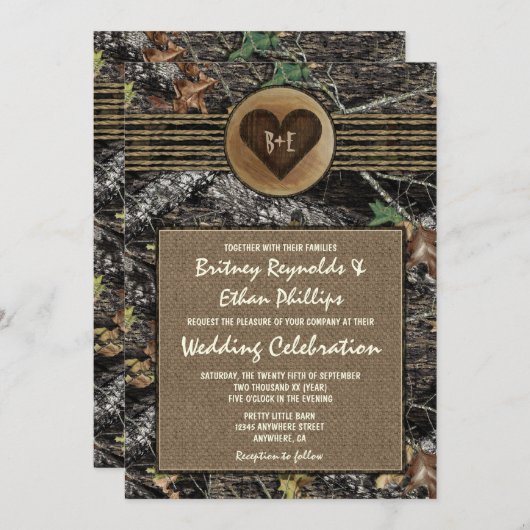 Burlap + gesneden hart Camo bruiloft uitnodigingen (Voorkant / Achterkant)