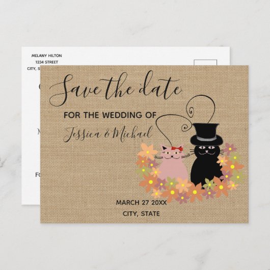 Burlap grappig schattig cartoon katten opslaan de  aankondigingskaart (Voorkant / Achterkant)