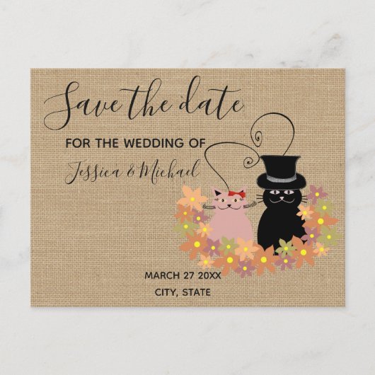 Burlap grappig schattig cartoon katten opslaan de  aankondigingskaart (Voorkant)