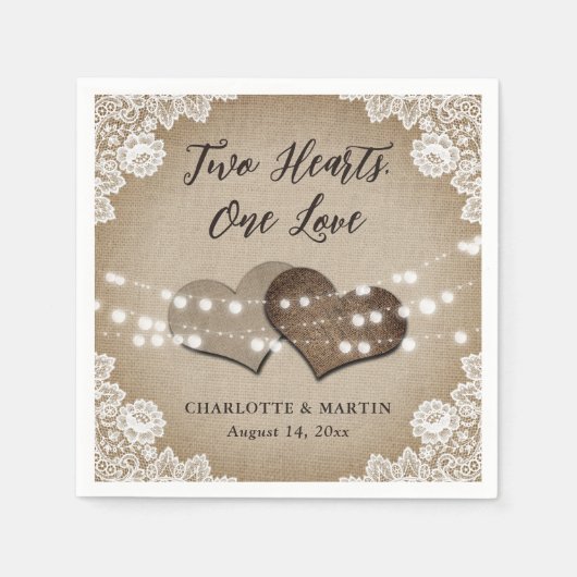 Burlap Harten Kant Rustiek Land Vintage Bruiloft Servet (Voorkant)