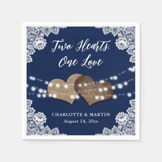 Burlap Harten Kant Rustieke Marine Blauwe Bruiloft Servet (Voorkant)