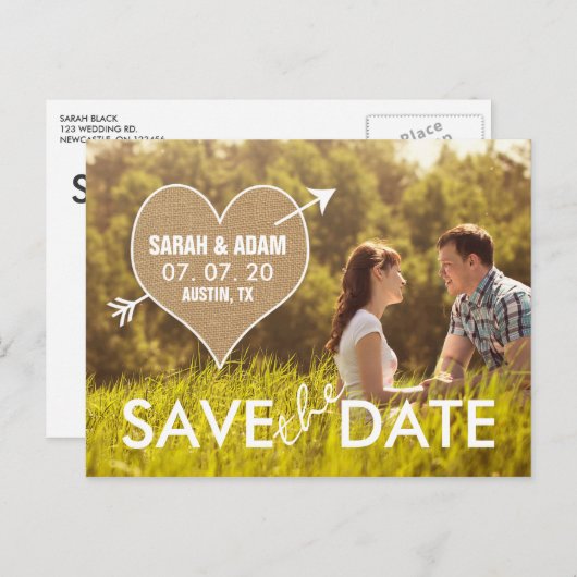 Burlap Heart | Rustiek Save the Date Aankondigingskaart (Voorkant / Achterkant)