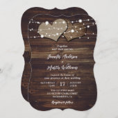 Burlap Hearts String Lights Rustiek Hout Wedding Kaart (Voorkant / Achterkant)