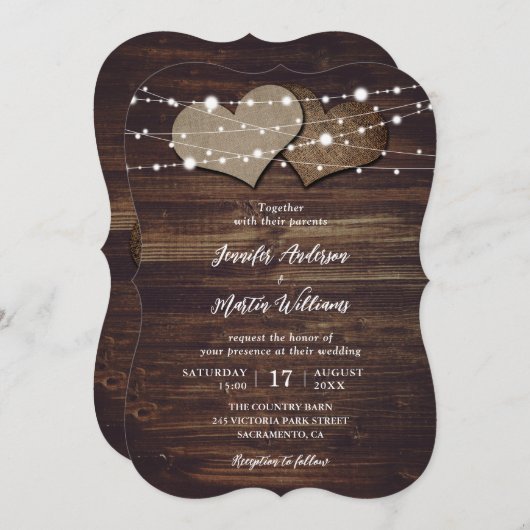 Burlap Hearts String Lights Rustiek Hout Wedding Kaart (Voorkant / Achterkant)