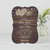 Burlap Hearts String Lights Rustiek Hout Wedding Kaart (Staand voorkant)