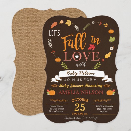 Burlap Herfst In Love Pumpkin Baby shower Invitati Kaart (Voorkant / Achterkant)
