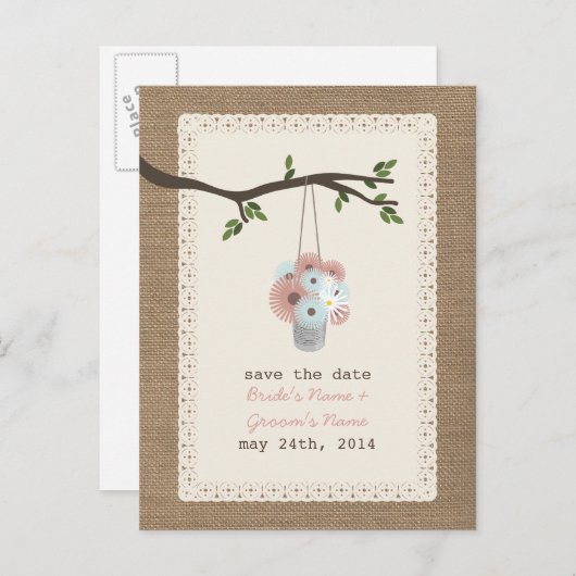 Burlap Inspired Can of Daisies slaat de datum op Aankondigingskaart (Voorkant / Achterkant)