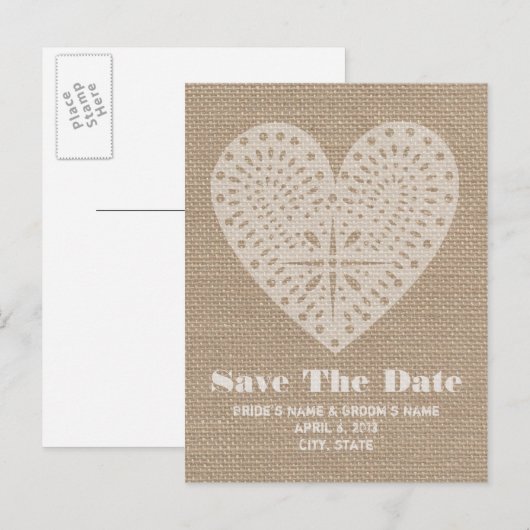 Burlap Inspired Heart Wedding Save the Date Aankondigingskaart (Voorkant / Achterkant)
