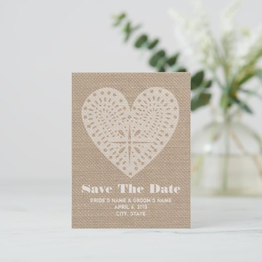 Burlap Inspired Heart Wedding Save the Date Aankondigingskaart (Staand voorkant)