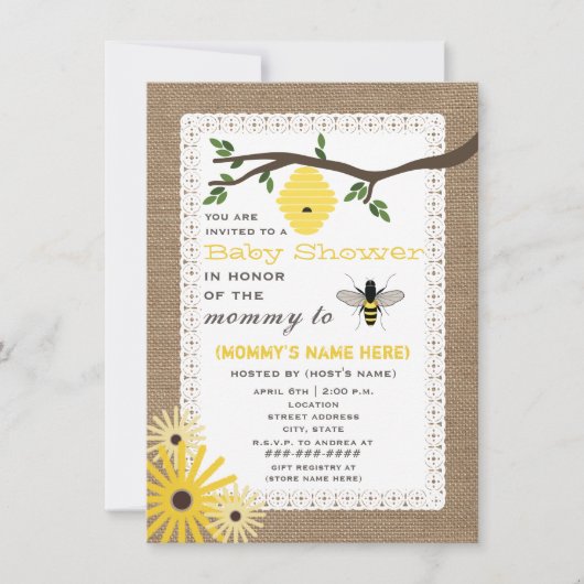 Burlap Inspired Honey Bee Baby shower Kaart (Voorkant)