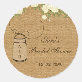 Burlap Ivoor roos Mason Jar vrijgezellenfeest stic Ronde Sticker