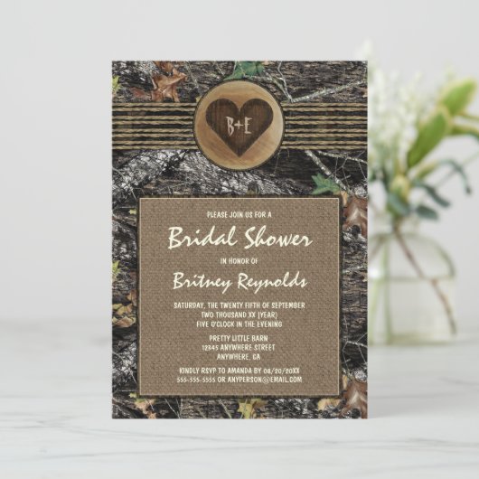 Burlap + Jacht Camo bruids douche uitnodigingen (Staand voorkant)