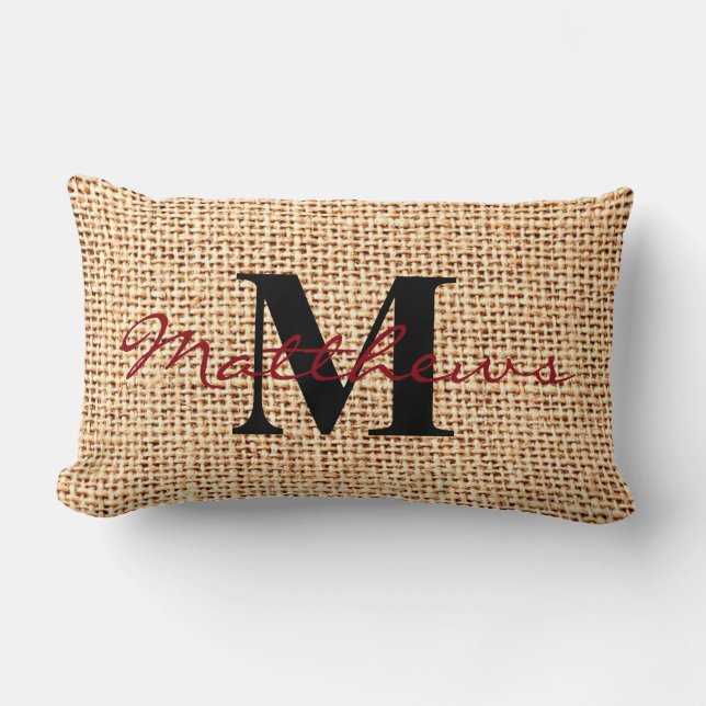 Burlap Jute Rustic Family Name Monogram Pillow Kussen (Voorkant)