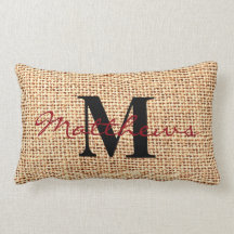 Burlap Jute Rustic Family Name Monogram Pillow
