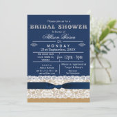 Burlap, kant, blauw rustig vrijgezellenfeest Invit Kaart (Staand voorkant)