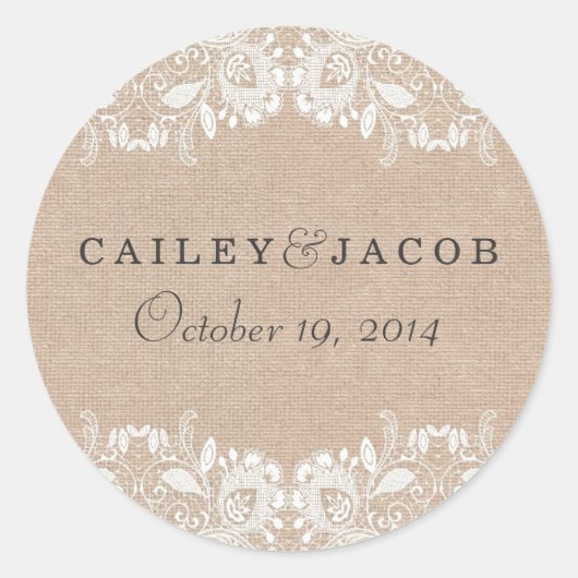 Burlap & Kant Bruiloft Sticker (Voorkant)