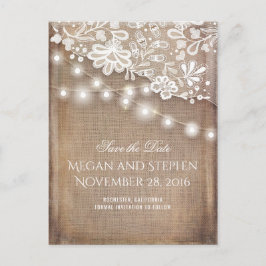 Burlap Kant en String Lights Rustiek Save the Date Aankondigingskaart