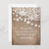 Burlap Kant en String Lights Rustiek Save the Date Aankondigingskaart (Voorkant / Achterkant)