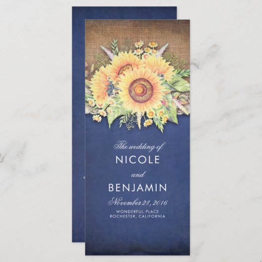 Burlap Kant en Zonnebloemen Marine Trouwprogramma' Programmakaart (Voorkant / Achterkant)