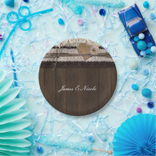 Burlap Kant & Hout Rustiek Romantische bruiloft Bo Papieren Bordje (Feest)