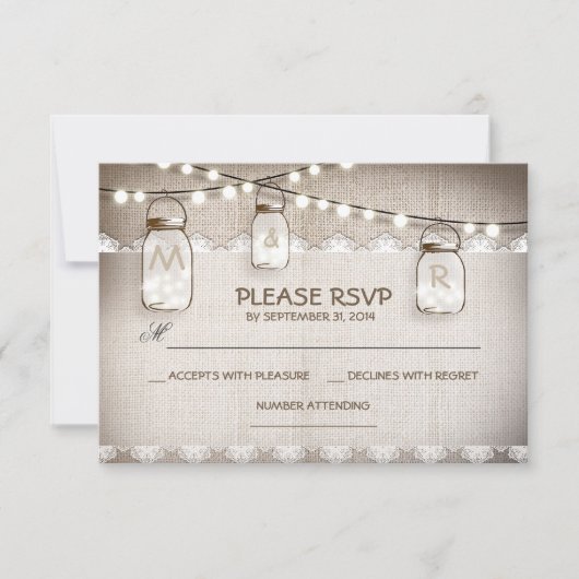 burlap kant lichten & metselaar pot bruiloft RSVP  (Voorkant)