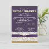 Burlap, kant, paars rustisch vrijgezellenfeest nod kaart (Staand voorkant)