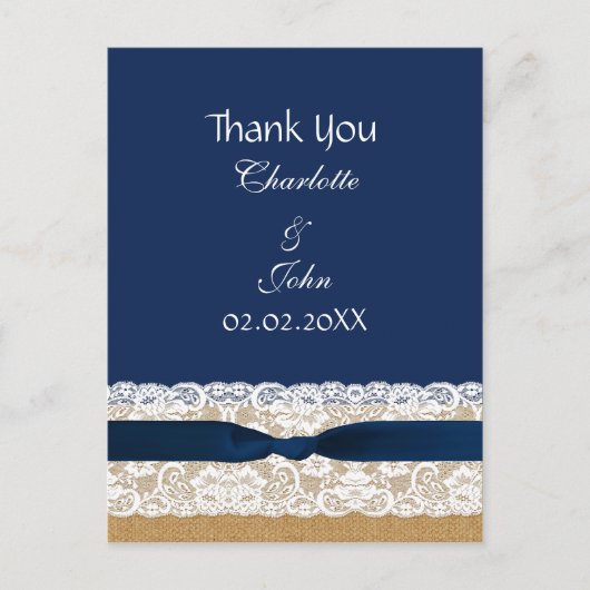 burlap kant, rustige bruiloft Dank je Briefkaart (Voorkant)