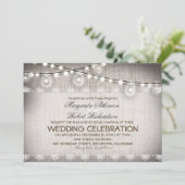 Burlap Kant String Lichten & Gloeilampen Trouwen Kaart (Staand voorkant)