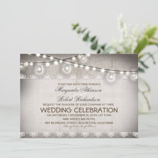 Burlap Kant String Lichten & Gloeilampen Trouwen Kaart (Staand voorkant)