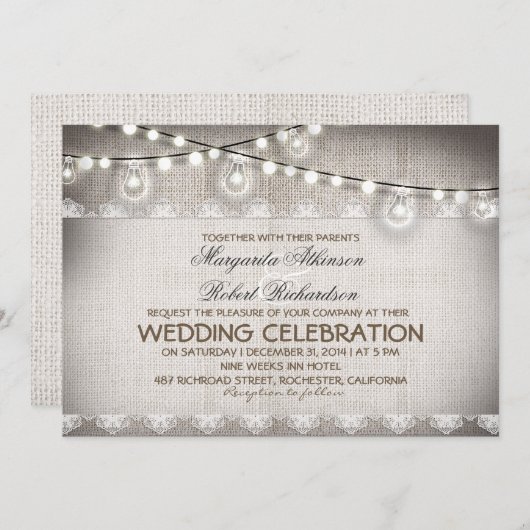 Burlap Kant String Lichten & Gloeilampen Trouwen Kaart (Voorkant / Achterkant)