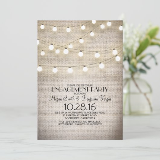 Burlap Kant String Lights Rustiek Engagement Party Kaart (Staand voorkant)