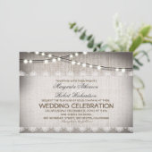 Burlap Kant String Lights Rustieke bruiloft uitnod Kaart (Staand voorkant)
