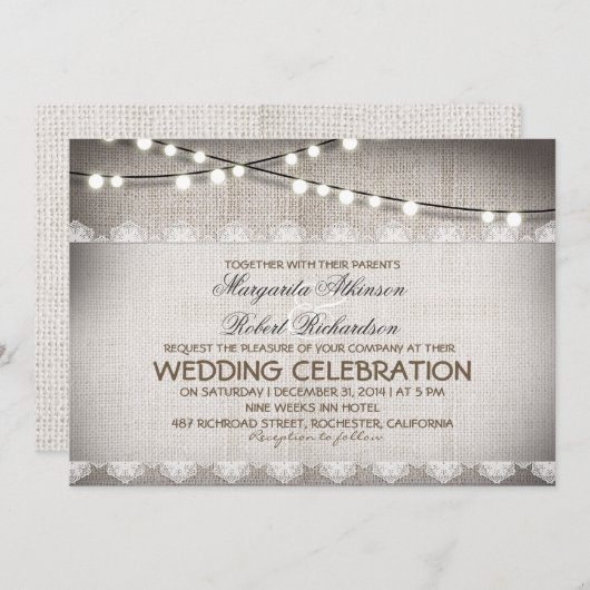 Burlap Kant String Lights Rustieke bruiloft uitnod Kaart (Voorkant / Achterkant)