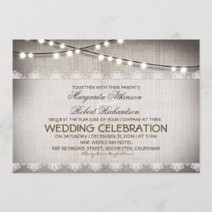 Burlap Kant String Lights Rustieke bruiloft uitnod Kaart