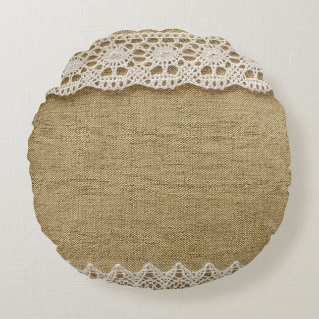 Burlap, kantstof textuur. rond kussen (Voorkant)