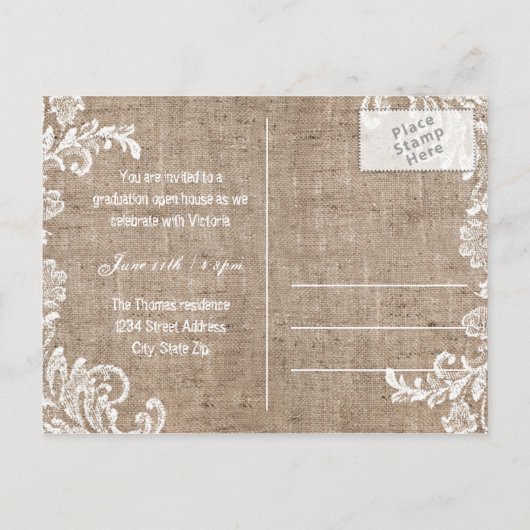 Burlap & Lace - Afstuderen Aankondiging Post Kaart (Achterkant)