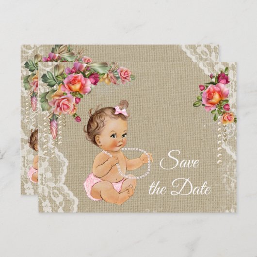Burlap Lace Baby shower Bewaar de datum Aankondigingskaart (Voorkant / Achterkant)