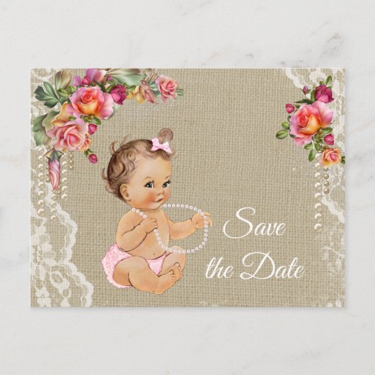 Burlap Lace Baby shower Bewaar de datum Aankondigingskaart (Voorkant)