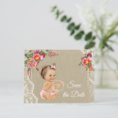 Burlap Lace Baby shower Bewaar de datum Aankondigingskaart (Staand voorkant)