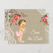 Burlap Lace Baby shower Save the Date Briefkaarten (Voorkant / Achterkant)