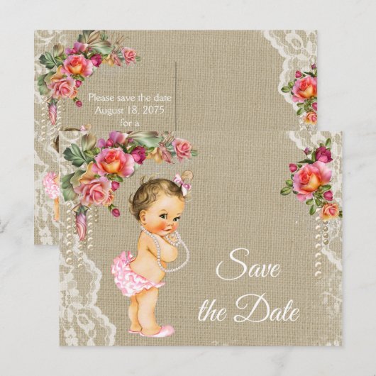 Burlap Lace Baby shower Save the Date Briefkaarten (Voorkant / Achterkant)