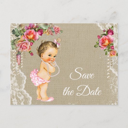 Burlap Lace Baby shower Save the Date Briefkaarten (Voorkant)