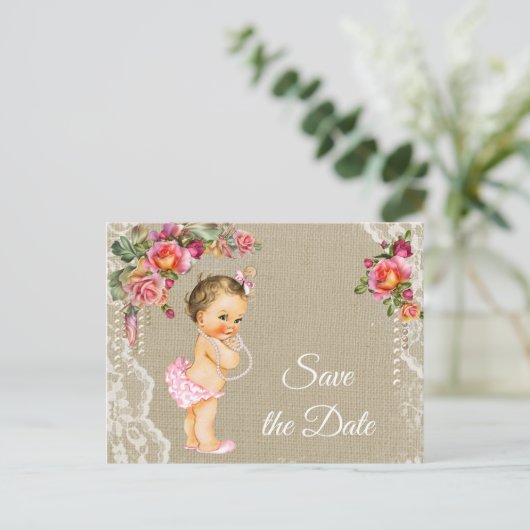 Burlap Lace Baby shower Save the Date Briefkaarten (Staand voorkant)