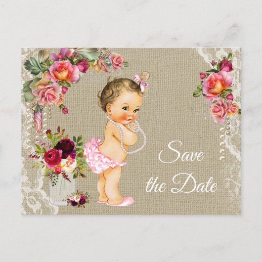 Burlap Lace Baby shower Save the Date Briefkaarten (Voorkant)