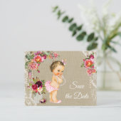 Burlap Lace Baby shower Save the Date Briefkaarten (Staand voorkant)