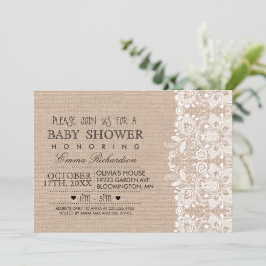 Burlap &  Lace Baby shower uitnodiging (Staand voorkant)
