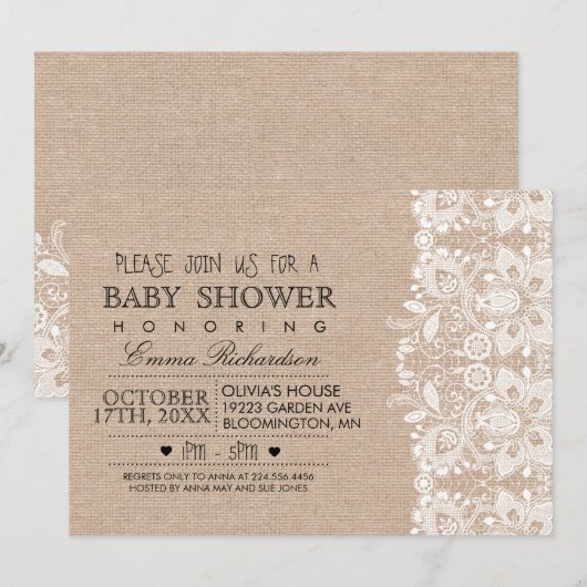 Burlap &  Lace Baby shower uitnodiging (Voorkant / Achterkant)