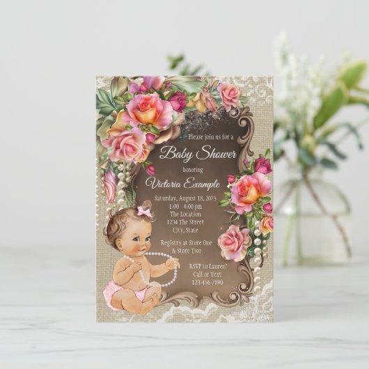Burlap Lace Baby Shower Uitnodigingen (Staand voorkant)